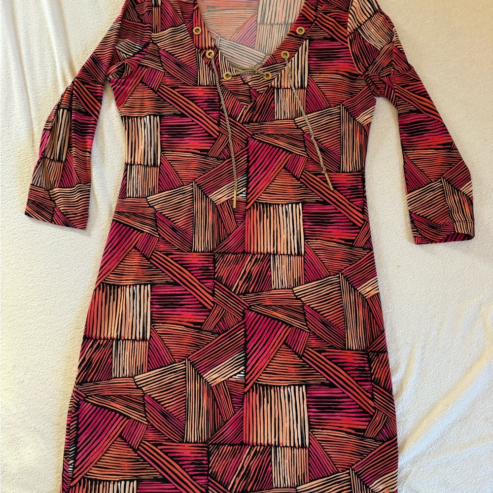 Calvin Klein Orange and Black Geometric Long Sleeve Dress